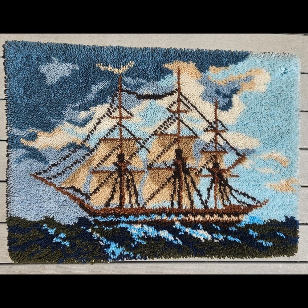 Vintage 70s Sailing Ship Latchhook Wall Hanging Tapestry, 39x28